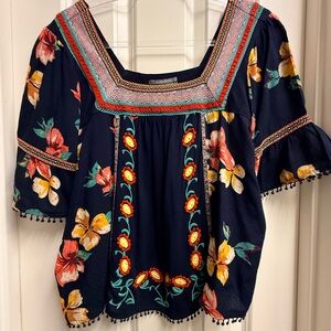 Anthropologie Navy Floral Embroidered Blouse